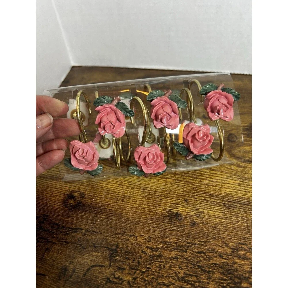 Vintage American Rose 12 Hand-Painted Pink Roses Shower Curtain Hooks Set in Box